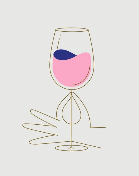 米色背景平面线条风格手握酒杯的酒画 — 图库矢量图片