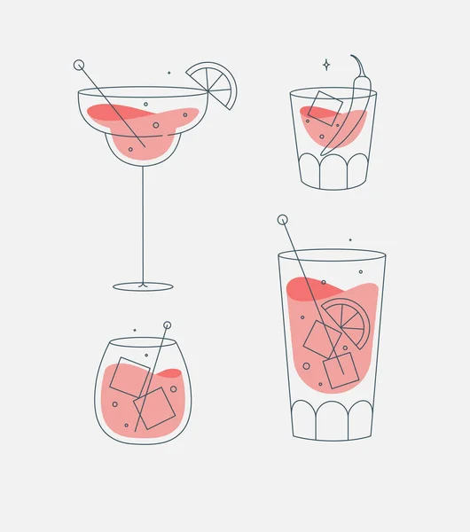 Bicchieri Cocktail Margarita Whisky Lunga Isola Vecchio Stile Disegno Stile — Vettoriale Stock