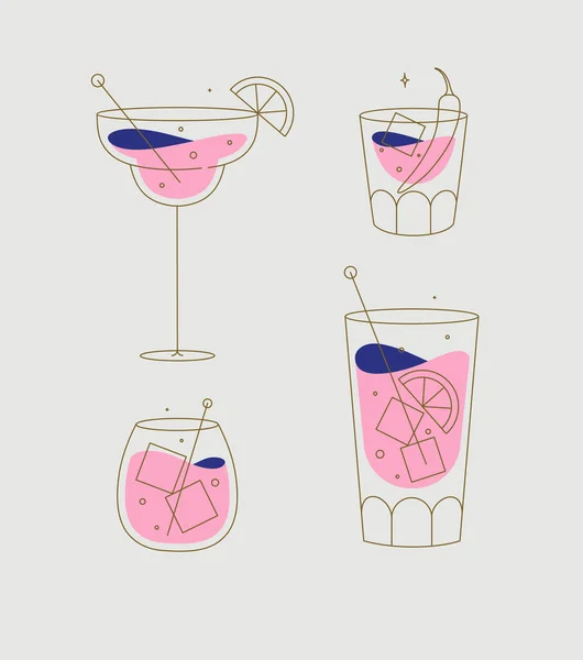 Cocktail Verres Margarita Whisky Longue Île Dessin Ancienne Dans Style — Image vectorielle