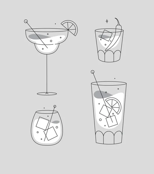 Koktejlové Brýle Margarita Whisky Dlouhý Ostrov Staromódní Kresba Ploché Čáře — Stockový vektor