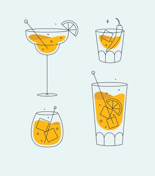 Cocktail Glasses Margarita Whiskey Long Island Old Fashioned Drawing Flat — Stock Vector