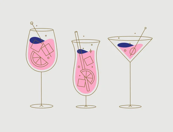 Cocktail Glasögon Spritz Pina Colada Kosmopolitisk Ritning Platt Linje Stil — Stock vektor