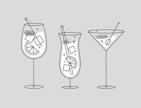 Bicchieri Cocktail Spritz Pina Colada Disegno Cosmopolita Stile Flat Line — Vettoriale Stock