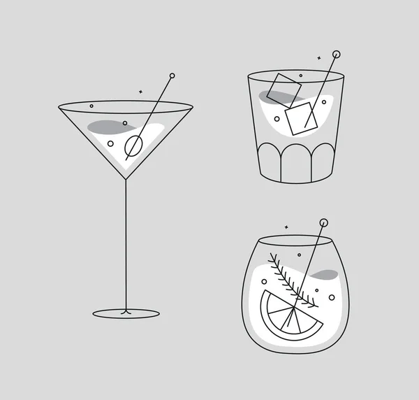 Verres Cocktail Whisky Cosmopolite Dessin Ancienne Dans Style Plat Sur — Image vectorielle