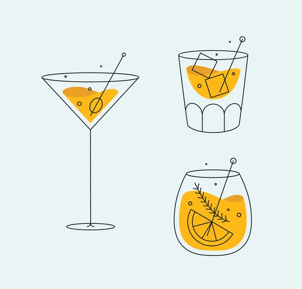 Verres Cocktail Whisky Cosmopolite Dessin Ancienne Dans Style Plat Sur — Image vectorielle