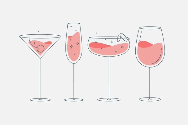 Koktejlové Brýle Manhattan Šampaňské Víno Daiquiri Kresba Rovném Stylu — Stockový vektor