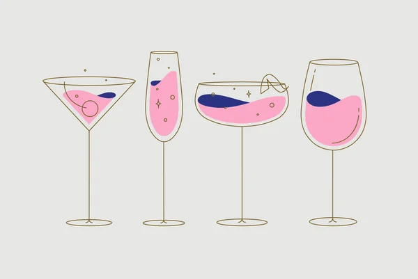 Cocktailgläser Manhattan Champagner Wein Daiquiri Zeichnung Flacher Linie Stil Auf — Stockvektor