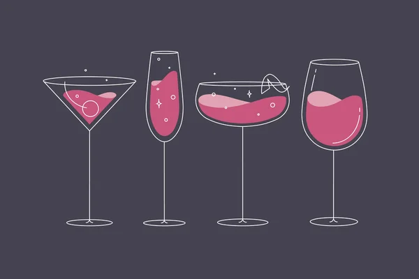 Koktejlové Brýle Manhattan Šampaňské Víno Daiquiri Kresba Rovném Stylu Tmavomodrém — Stockový vektor