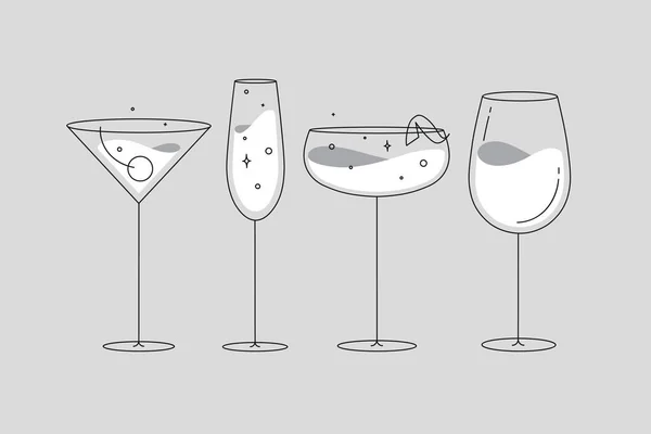 Cocktail Glazen Manhattan Champagne Wijn Daiquiri Tekening Vlakke Lijn Stijl — Stockvector