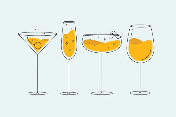 Koktejlové Brýle Manhattan Šampaňské Víno Daiquiri Kresba Rovném Stylu Světlém — Stockový vektor