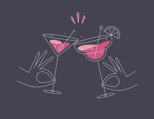 Hand Hält Margarita Und Manhattan Cocktails Gläser Klirren Flacher Linie — Stockvektor