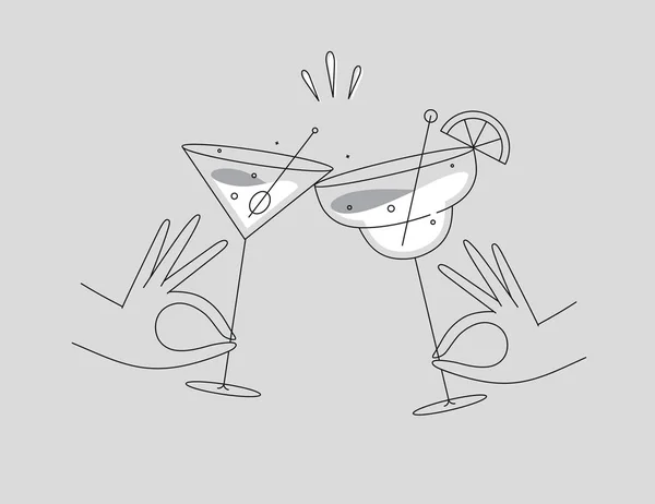 Mano Celebración Margarita Cócteles Manhattan Tintineo Gafas Dibujo Estilo Línea — Vector de stock