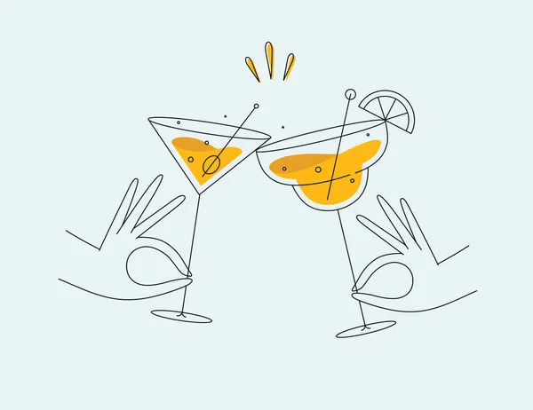 Hand Holding Margarita Manhattan Cocktails Klinkende Glazen Tekening Vlakke Lijn — Stockvector