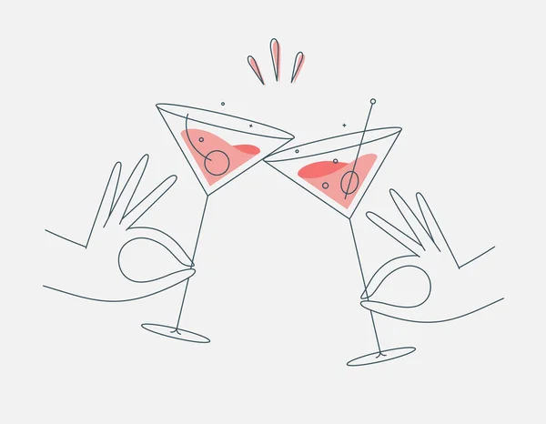 Hand Houden Kosmopolitische Manhattan Cocktails Klinkende Glazen Tekening Vlakke Lijn — Stockvector