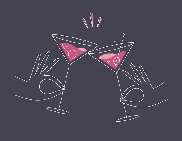 Hand Hält Kosmopolitische Und Manhattan Cocktails Gläser Klirren Flachen Linienstil — Stockvektor