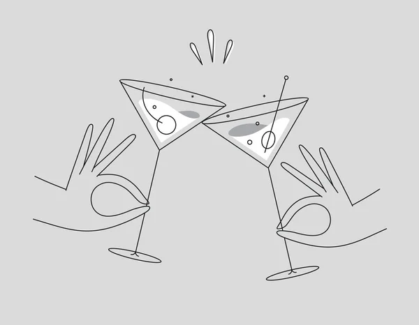 Hand Hält Kosmopolitische Und Manhattanische Cocktails Gläser Klirren Flacher Linie — Stockvektor