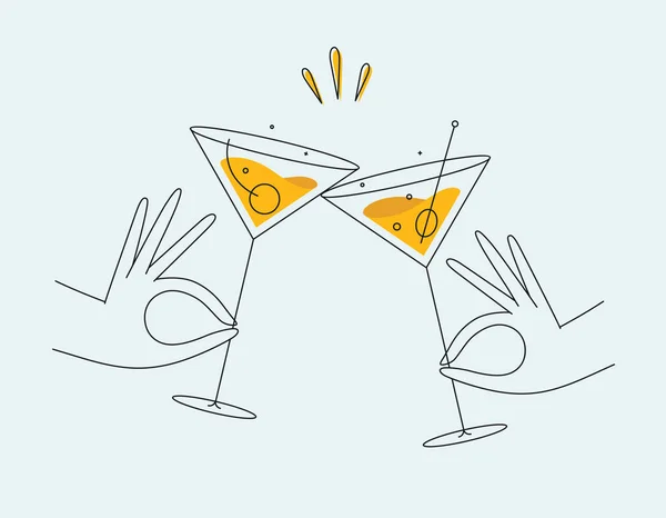 Χειροποίητα Κοσμοπολίτικα Και Mannhattan Cocktails Clinking Glasses Σχέδιο Επίπεδη Γραμμή — Διανυσματικό Αρχείο