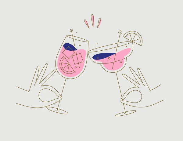 Main Tenant Margarita Sprits Cocktails Clinking Glasses Dessin Style Ligne — Image vectorielle