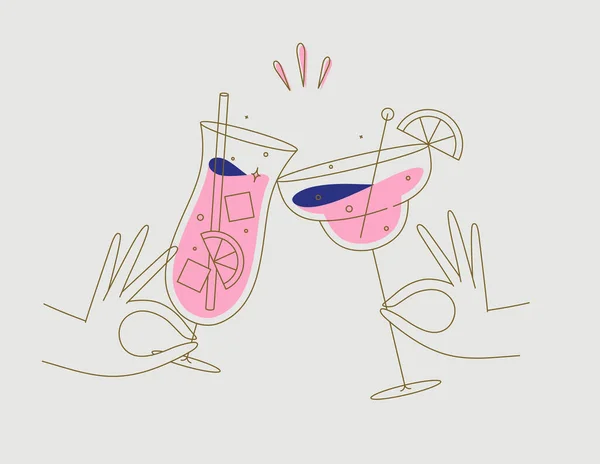 Hand Holding Pina Colada Margarita Cocktails Clinking Glasses Drawing Flat — Stock Vector