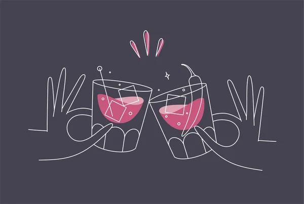Hand Holding Whiskey Old Fashioned Cocktails Clinking Glasses Drawing Flat — Stock Vector