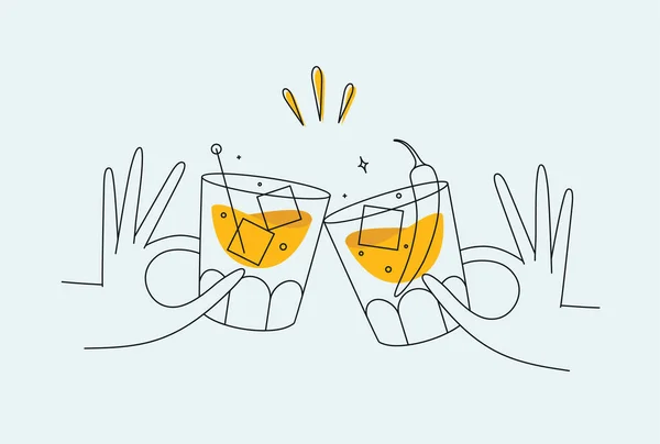 Main Tenant Whisky Cocktails Ancienne Verres Clinquer Dessin Dans Style — Image vectorielle