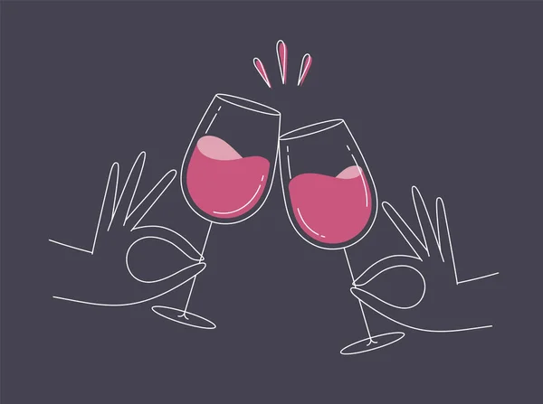 Hand Holding Wine Clinking Glasses Drawing Flat Line Style Dark — Stock Vector
