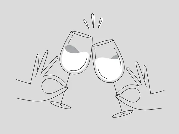Hand Holding Wine Clinking Glasses Drawing Flat Line Style Grey — Stock Vector