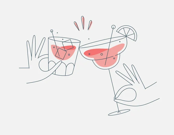 ハンドホールディングウイスキーとマルガリータカクテル ベージュの背景に平らなラインスタイルで描画メガネを凝縮 — ストックベクタ