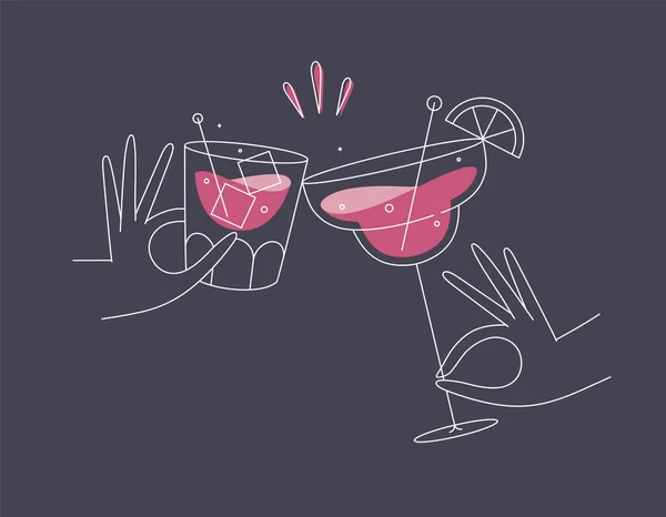 Elde Viski Margarita Kokteylleri Bardakları Tokuşturarak Düz Çizgi Şeklinde Koyu — Stok Vektör