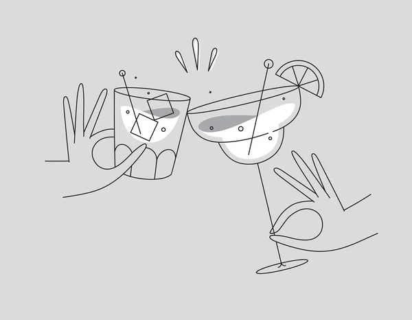 ハンドホールディングウイスキーとマルガリータカクテルグレーの背景にフラットラインスタイルで描画グラスを凝縮 — ストックベクタ