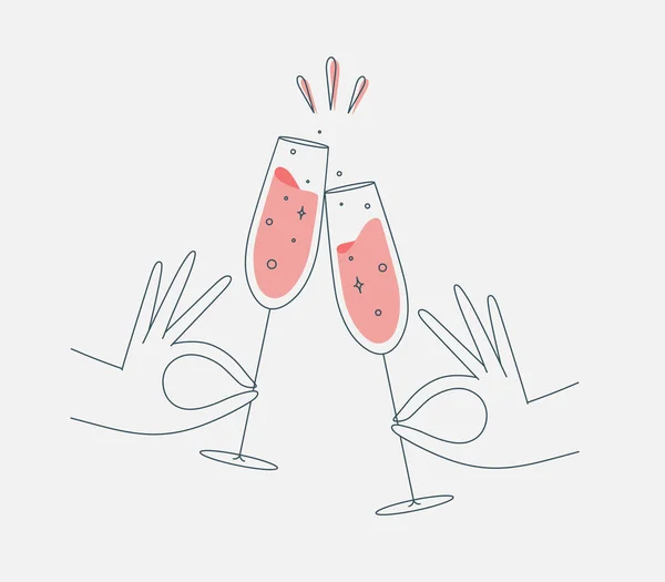 Hand Holding Champagne Clinking Glasses Drawing Flat Line Style — Stock Vector