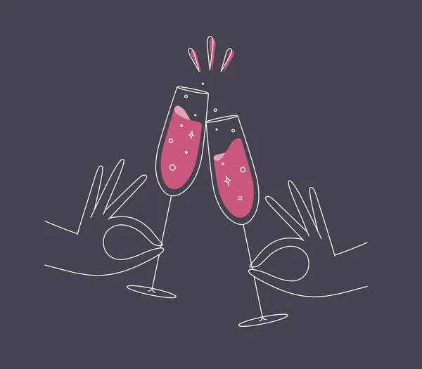 Hand Holding Champagne Clinking Glasses Drawing Flat Line Style Dark — Stock Vector