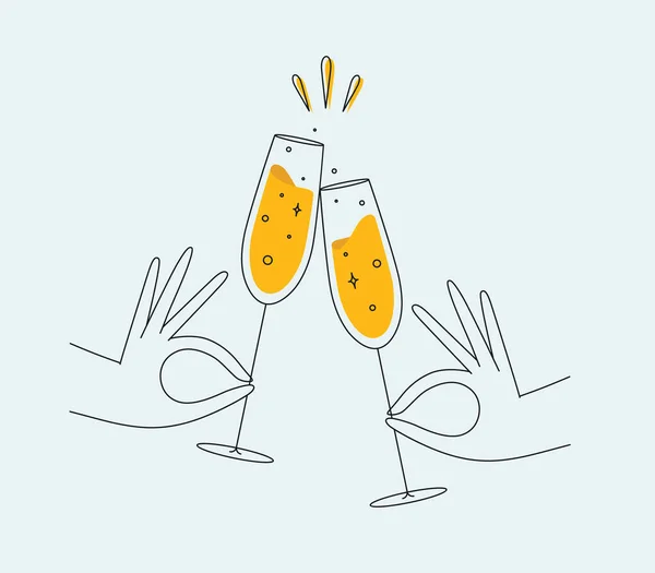 Hand Holding Champagne Clinking Glasses Drawing Flat Line Style Light — Stock Vector