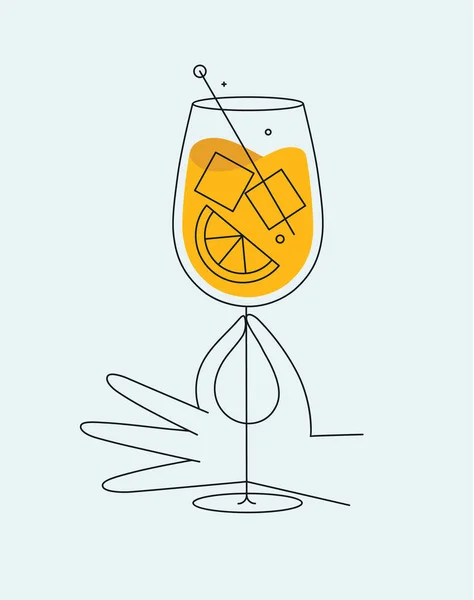 Mano Che Tiene Bicchiere Disegno Cocktail Spritz Stile Linea Piatta — Vettoriale Stock