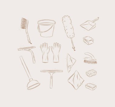 Temizlik malzemeleri, aksesuarlar, aksesuarlar, eldivenler, kazıyıcı, sünger, faraş, peçete, bej arka planda grafik stili çizim.