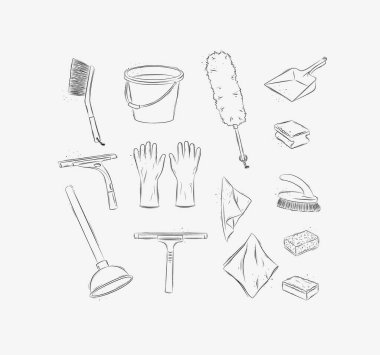 Temizlik malzemeleri araçları fırçalar, kova, eldivenler, kazıyıcı, sünger, faraş, peçete, beyaz arka planda grafik stili çizim.
