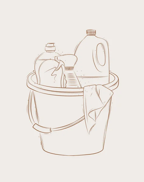 清洗用品工具配件桶 玻璃清洁剂绘图 米色背景图形风格 — 图库矢量图片