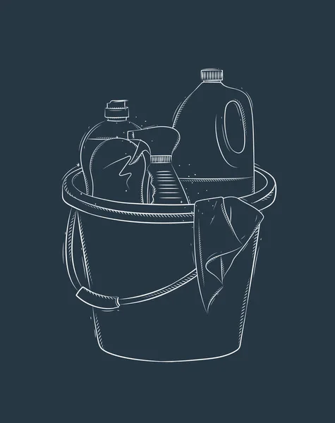 清洗用品工具配件桶 玻璃清洁剂图纸蓝色底座图形风格 — 图库矢量图片