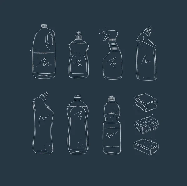 Set Von Reinigungsprodukten Bleichmittel Flüssigseife Spülhilfe Glas Und Toilettenreiniger Waschlappen — Stockvektor