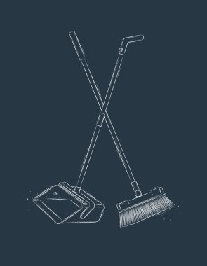 Mavi arkaplanda düz süpürge ve faraş çizimi