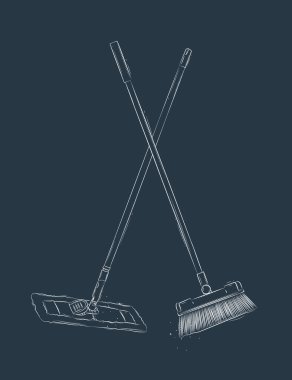 Mavi arkaplanda grafik biçiminde düz süpürge ve süpürge çizimi