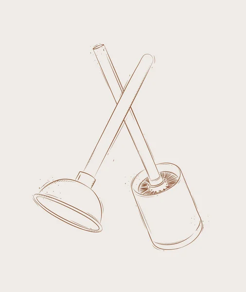Cleaning Tools Toilet Brush Plunger Drawing Graphic Style Beige Background — Stock Vector