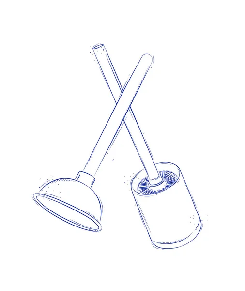 Cleaning Tools Toilet Brush Plunger Drawing Graphic Style Light Background — Stock Vector