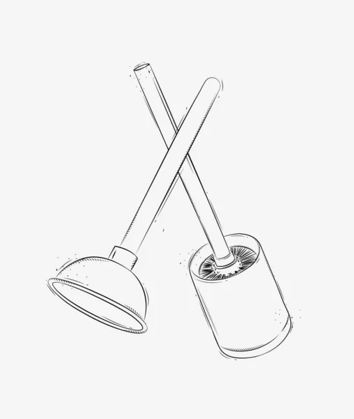 Cleaning Tools Toilet Brush Plunger Drawing Graphic Style White Background — Stock Vector