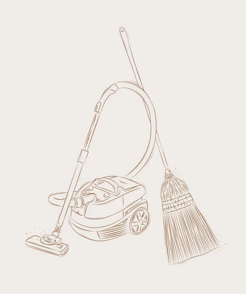 米色背景的真空吸尘器和扫帚绘图图形风格 — 图库矢量图片
