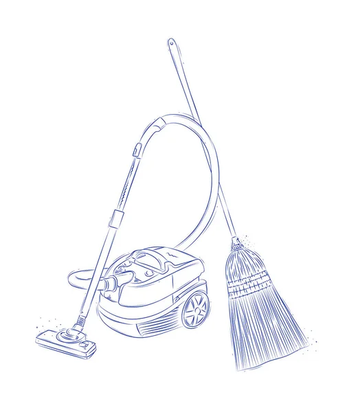 浅色背景下的真空吸尘器和扫帚绘图 — 图库矢量图片