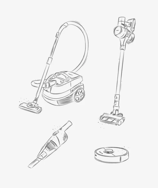 Vacuum Cleaner Set Regular Cordless Robot Portable Drawing Graphic Style — Stock Vector