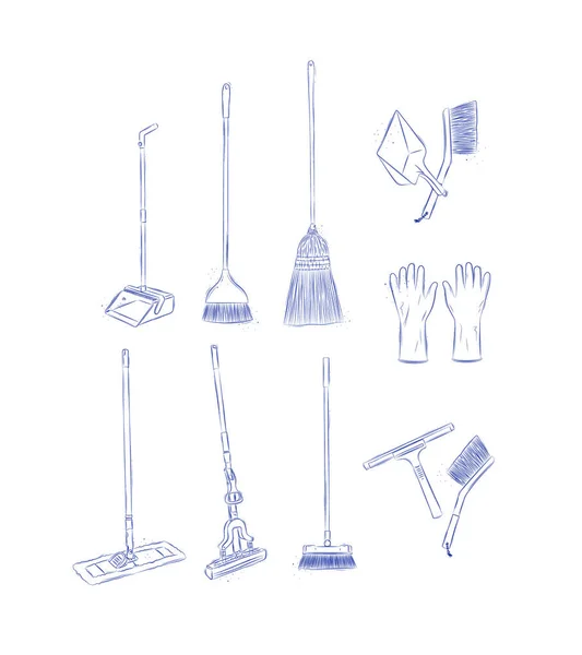 Floor Cleaning Tools Accessories Broom Dustpan Mop Gloves Scraper Brush — Stock Vector