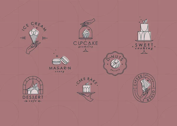 Bageri Dessert Etiketter Med Bokstäver Art Deco Stil Ritning Korall — Stock vektor