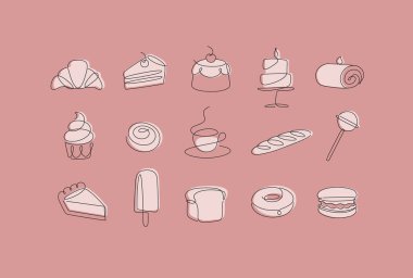 Doğrusal fırın ve tatlı ikonları keki, lolipop, kahve, baget, turta, çörek, dondurma, pasta, badem kurabiyesi, ekmek, mercan arka planda kalem çizimi tarzı bisküvi